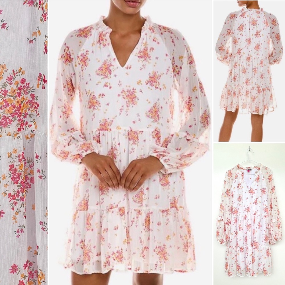 Vince Camuto Boho Mini Chiffon Dress Tiered Ruffle Floral Print V-Neck